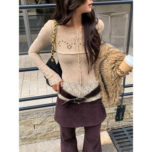 马儿MAR 秋冬新款小众设计感镂空针织衫女修身显瘦套头毛衣上衣