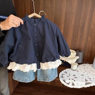 女宝宝韩系短款风衣女童春秋装2025新款女婴儿童洋气时髦花边外套
