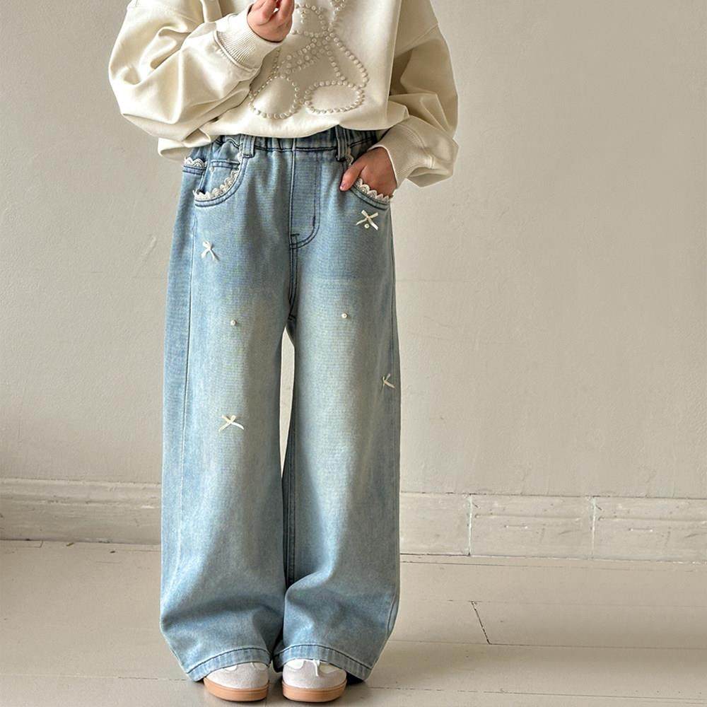 女童裤子2025秋季新款儿童浅色直筒裤蝴蝶结烫钻阔腿裤休闲 牛仔