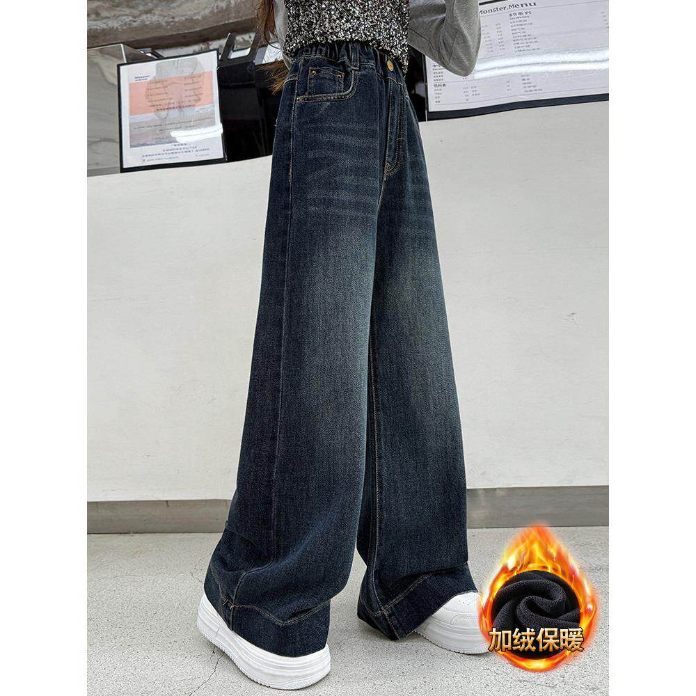 女童加绒裤子秋冬2025新款冬装大童刺绣蝴蝶结阔腿儿童冬季牛仔裤