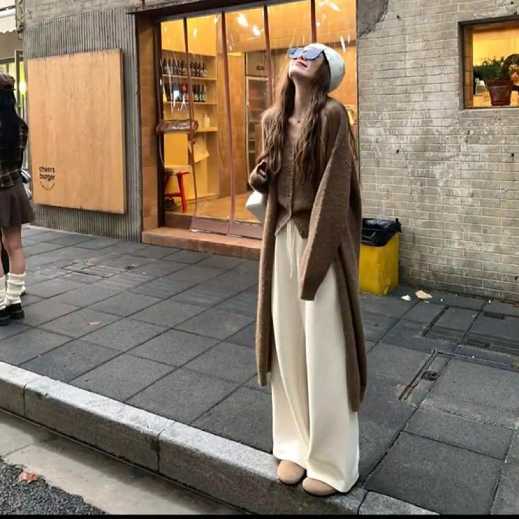 软糯奶油白色阔腿裤女冬季加绒加厚休闲裤宽松羊毛垂感加长拖地裤