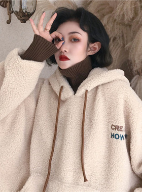 Uc假两件羊羔毛卫衣女加绒加厚新款秋冬宽松韩版上衣外套ins潮