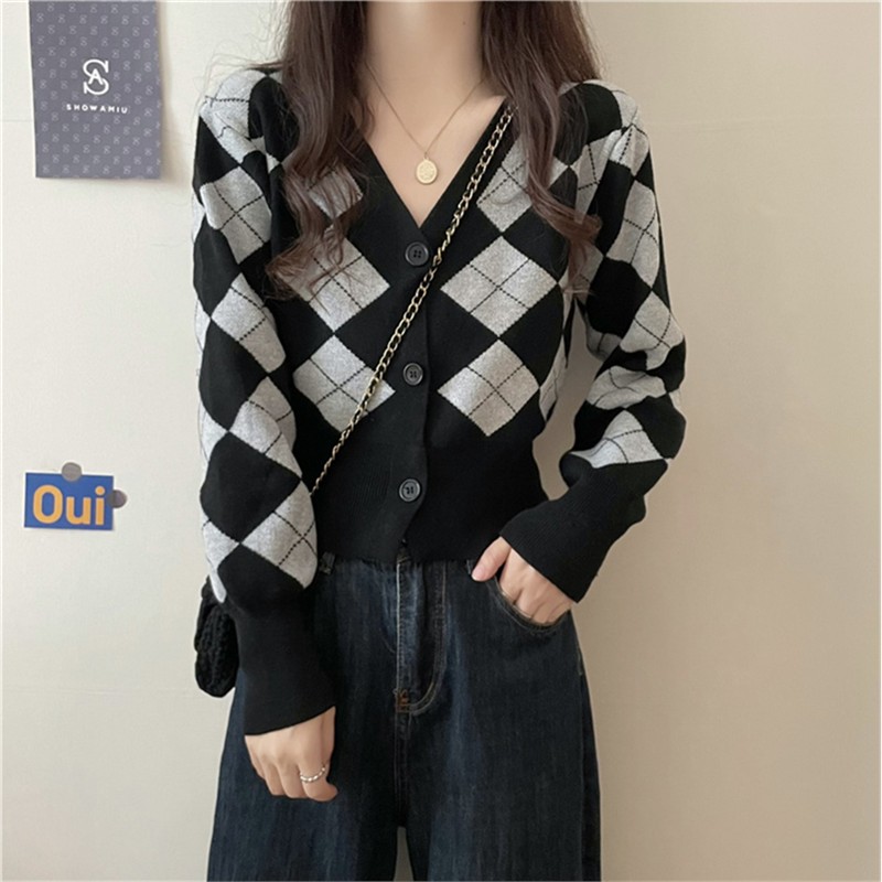 菱格V领针织开衫女早秋穿