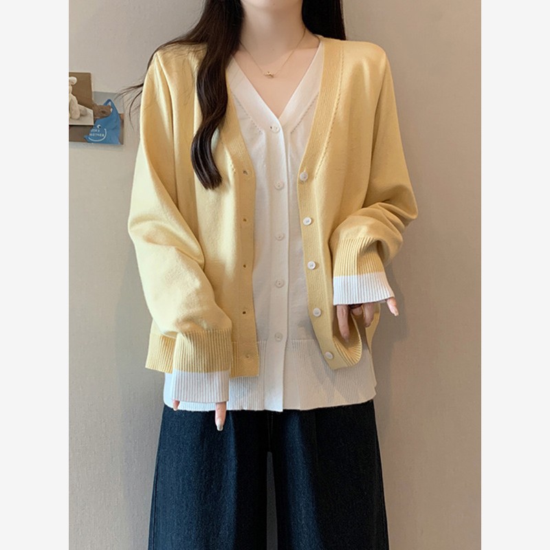 假两件V领打底针织开衫毛衣女款秋季大码胖mm设计感拼接撞色上衣