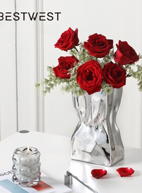 创意电镀花瓶银色镜面不锈钢质感家居装饰品摆件客厅餐桌轻奢花器