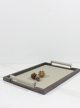 现代轻奢高端皮革香薰蜡烛实木托盘样板间售楼处客厅茶几桌面摆件