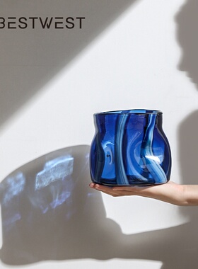 best west 深蓝色异形不规则玻璃花瓶摆件感家居客厅水培花器
