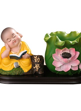 创意家居装饰禅意办公室书柜桌面装饰小和尚笔筒摆件可爱实用礼物