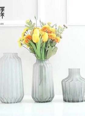 HJM-北欧简约复古简约竖条纹玻璃花瓶磨砂反碱家居摆件客厅样板房
