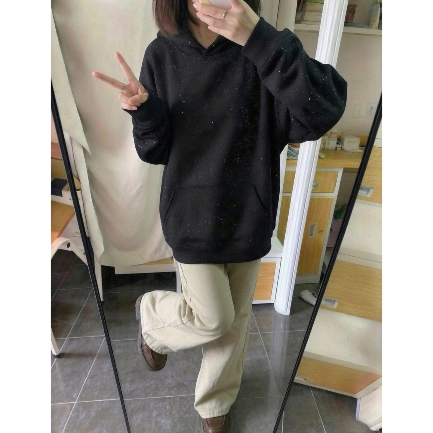 黑色连帽卫衣男女情侣装套头ov卫衣