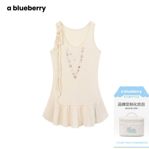 A blueberry米色项链印花背心女26夏新款荷叶边韩系甜美小众上衣