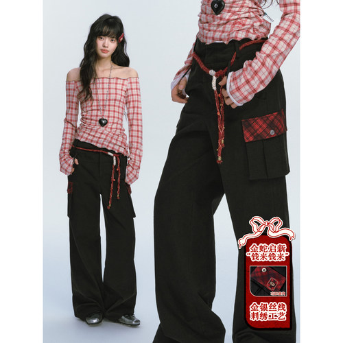 ablueberry 【金蛇启新】高腰辣妹工装裤女格纹拼接休闲长裤