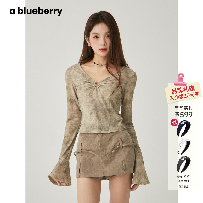 ablueberry 辣妹晕染扭结复古长袖T恤女2025春秋新款喇叭袖上衣,女装/女士精品,T恤,淘宝优惠券,粉丝福利购,淘宝优惠卷