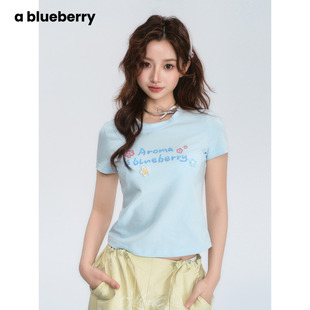 撞色显瘦上衣 ablueberry EndlessSummer 甜美印花短袖 t恤女短款