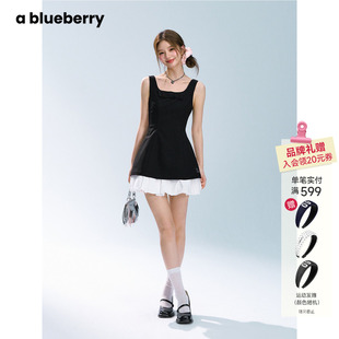 张柏嘉同款ablueberry黑色方领连衣裙女蝴蝶结花苞裙赫本风背心裙