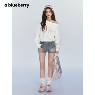 Let dance ablueberry 上衣 斜肩烫钻韩版 辣妹卫衣女春夏薄款