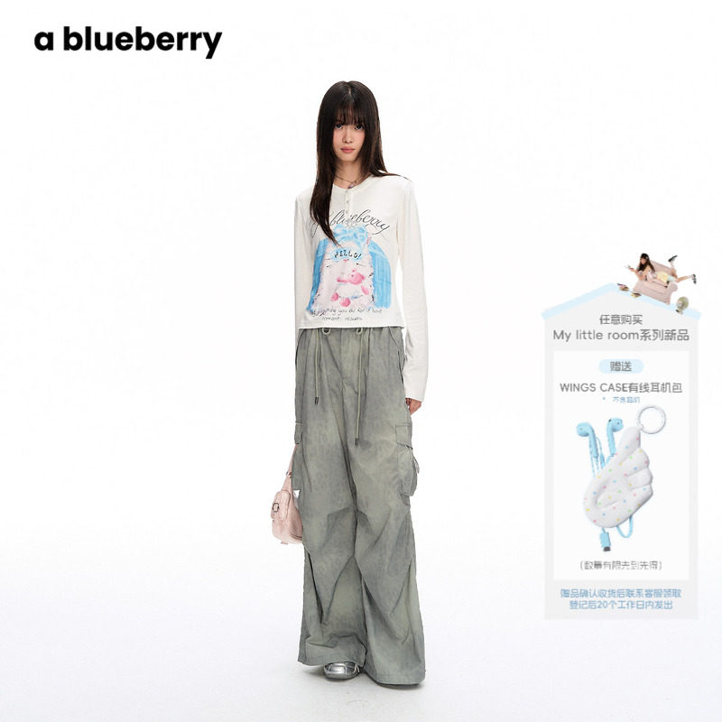 ablueberry军绿色纹理感工装裤女大口袋伞兵裤美式甜酷休闲直筒裤