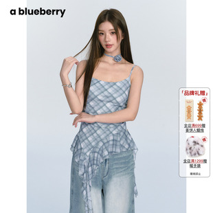 田曦薇同款 格纹荷叶边吊带背心女设计感甜辣上衣 ablueberry