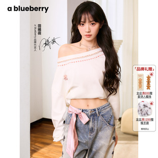 田曦薇同款 ablueberry刺绣斜肩上衣女设计感甜美宽松露肩卫衣