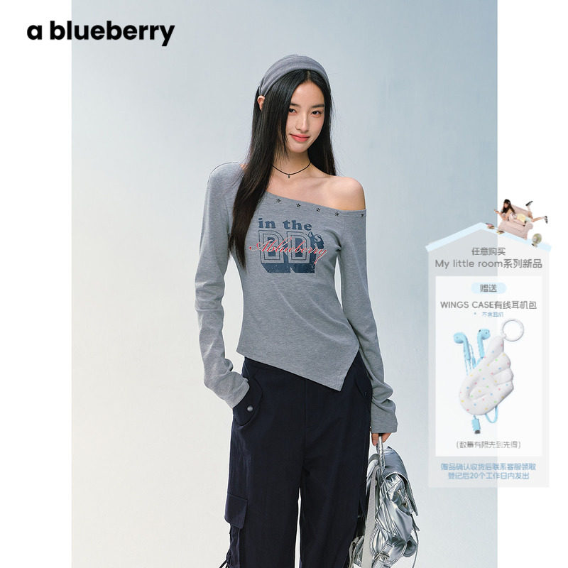 ablueberry 星星铆钉斜肩上衣女修身不规则26春美式辣妹长袖T恤