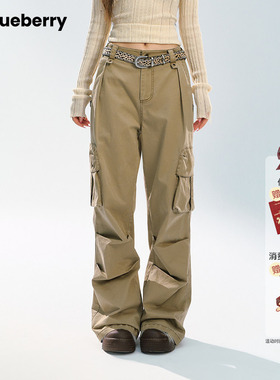 ablueberry 褶皱工装裤女秋季新款拼接豹纹美式复古伞兵阔腿长裤