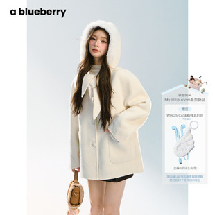 ablueberry 兔耳连帽羊毛大衣女短款设计感韩系甜美白色毛呢外套