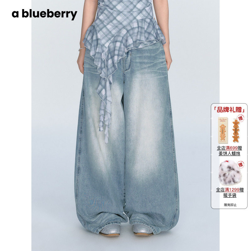 ablueberry复古折痕直筒牛仔裤女