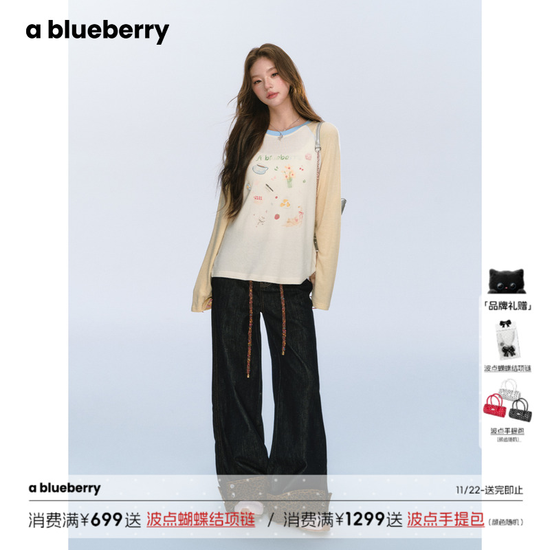 ablueberry印花插肩袖长袖T恤女