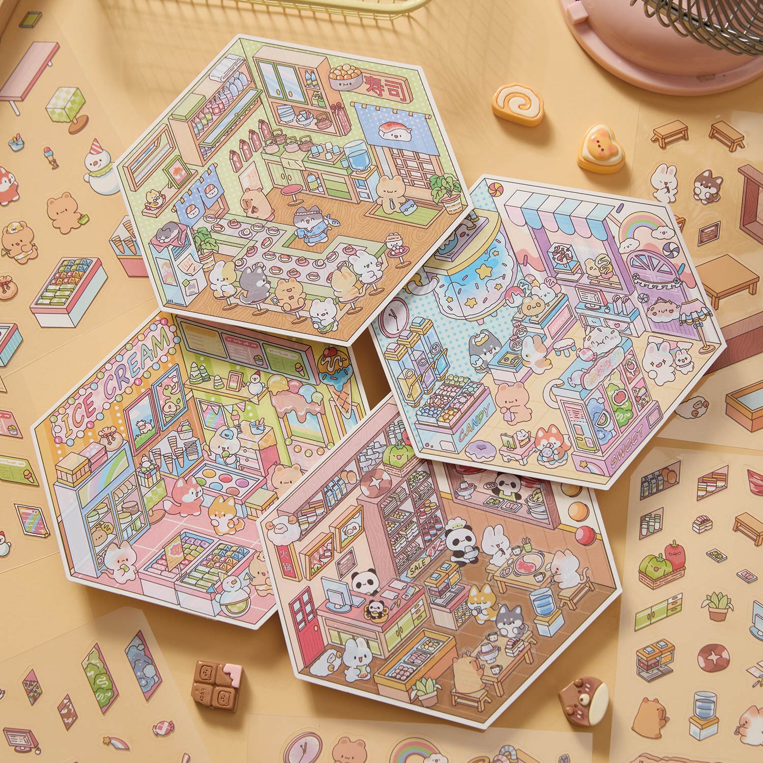 新款街角店铺3D立体微缩场景贴纸