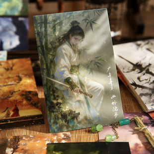 30张江湖水墨风盒装明信片 高级感复古武侠原创插画古风书法文字diy手账风景节日手写留言祝福贺卡片