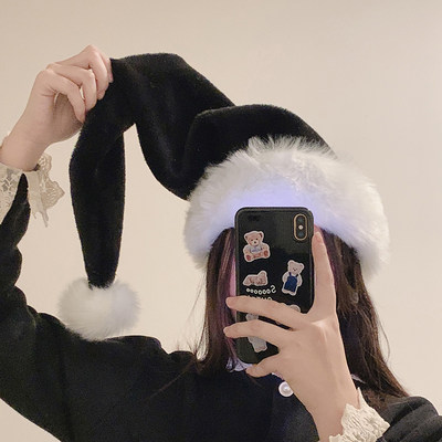 黑色圣诞长毛绒毛绒圣诞节大球派对装饰装扮帽子头饰网红拍照道具