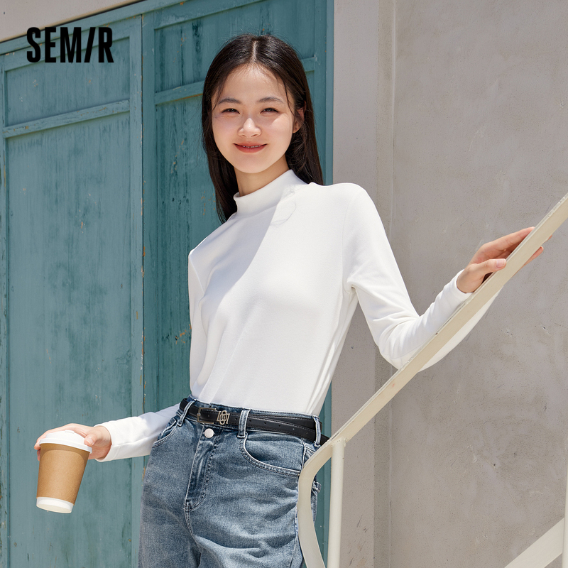 [商场同款]森马长袖T恤女半高领修身磨毛冬季新款打底衫百搭