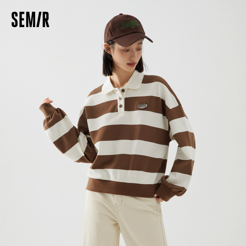 [商场同款]马利森马POLO衫女宽松学院风新款秋季复古条纹上衣