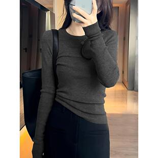 法式修身秋冬新款羊毛圆领打底衫女修身内搭正肩套头针织低领毛衣