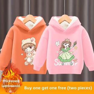 女孩运动衫羊毛衬里全合一2024新潮流儿童服装秋冬加厚儿童冬季服