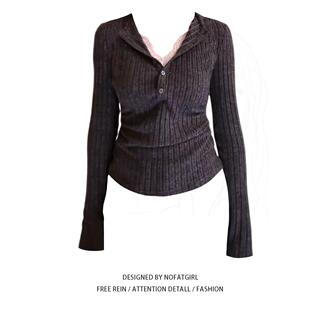 加码胖女孩甜热辣深灰色假两件套蕾丝长袖针织品妇女的秋天苗条苗