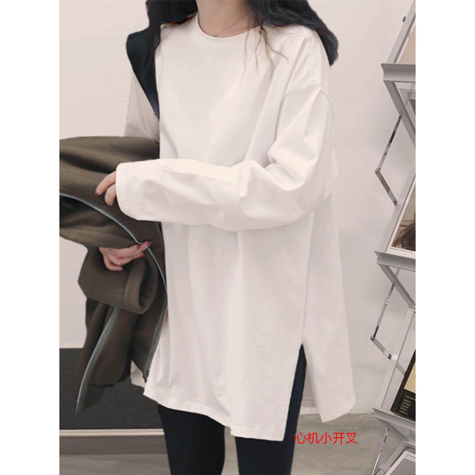 「至简纯棉」白色打底衫女中长款长袖t恤~内搭遮屁股2025秋季上衣