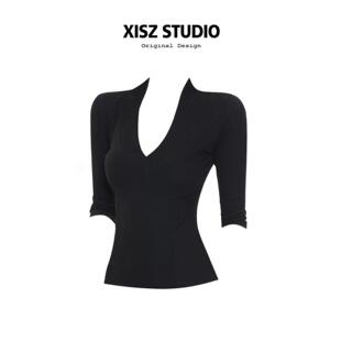 性感女孩风格黑色V领中袖t恤为妇女春夏新苗条适合多功能顶部舒适