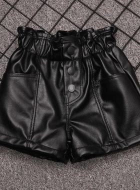 女童洋派皮短裤2024秋冬覆古显瘦黑色宝宝皮裤高腰外穿阔腿短裤女
