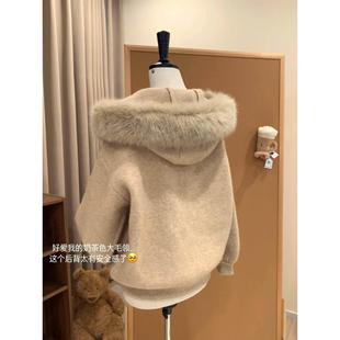 美式千金风大毛领连帽针织开衫毛衣外套女秋冬高级感软糯宽松上衣