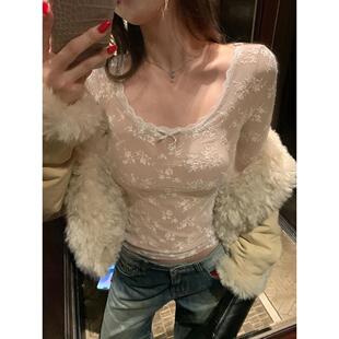 纯欲蕾丝打底衫女秋冬高级感磨毛t恤小个子保暖修身显瘦短款上衣