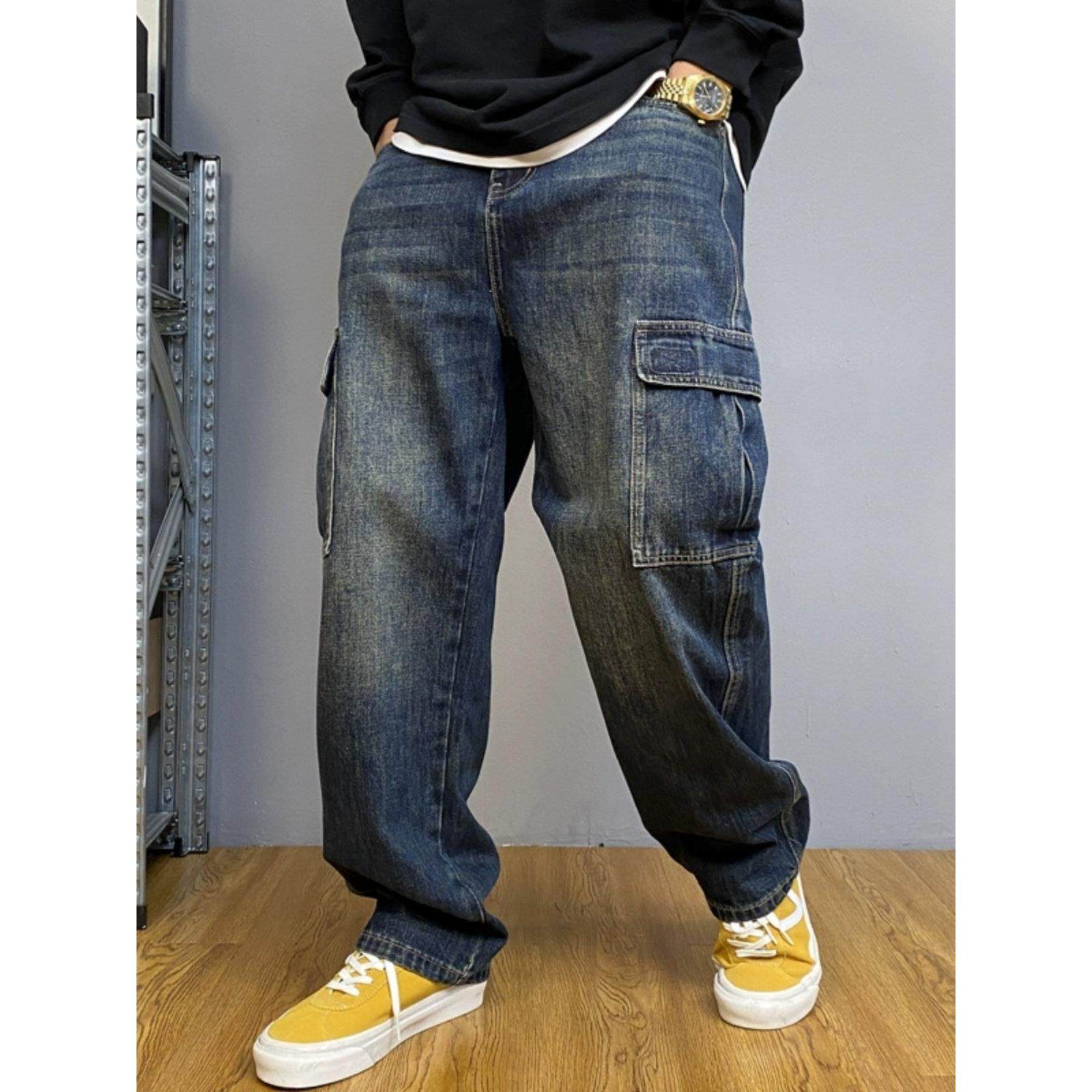 秋季美式休闲痞帅重磅水洗复古工装牛仔裤男直筒宽松百搭阔腿裤子
