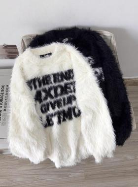 Nuneon美式情侣毛衣男女秋冬宽松字母彷貂毛小众慵懒风圆领针织衫