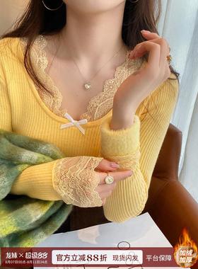 黄色天鹅绒加厚蕾丝底衬衫的妇女在秋冬与2025年新的低圆领毛衣针