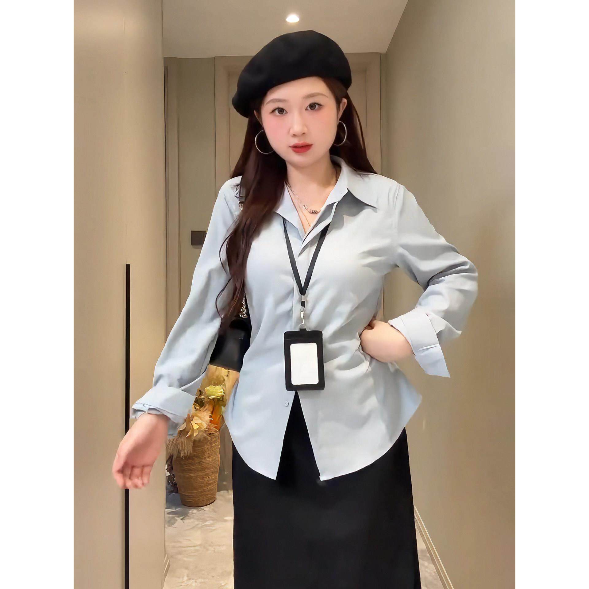 大码胖mm韩系正肩POLO领收腰长袖衬衫女装设计感显瘦衬衣秋季上衣