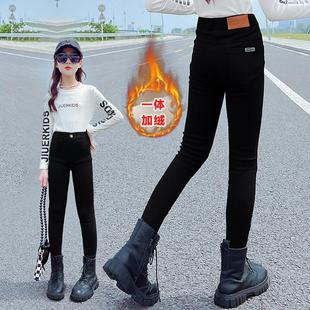 女童加绒裤子秋冬冬打底裤黑色弹力小脚裤2024新款儿童铅笔芭比裤
