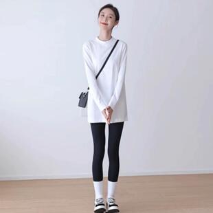 中长款上衣女早秋长袖极简风正肩宽松遮屁股白t恤加绒秋冬打底衫