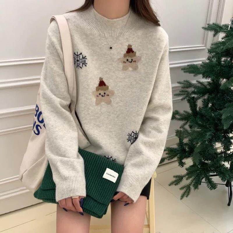 初中学生卡通小猫半高领毛衣少女甜美韩系针织内搭上衣大童打底衫