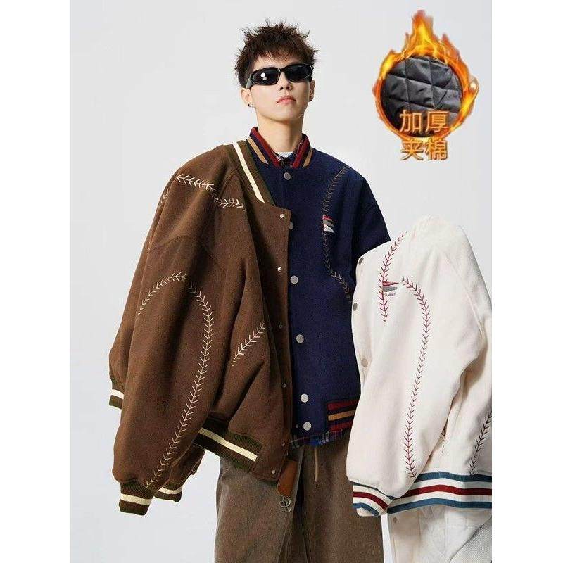 美式旗帜字母刺绣夹棉棒球服男女秋冬新款潮牌宽松外套
