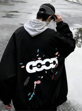 秋冬新款国潮美式字母印花飞行夹克外套男宽松黑色棒球服外套